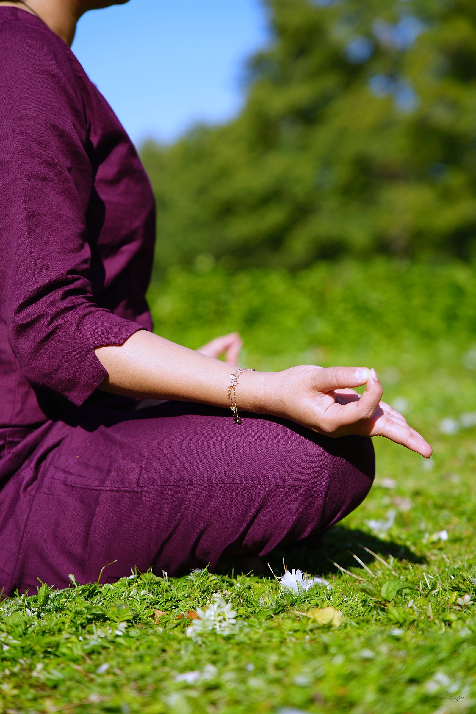 Close-up detail of hands in a meditation mudra, sunlit grass background